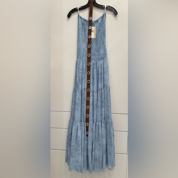 NWT Michael Kors Georgette Chambray Print Smocked Maxi Dress, Sz S - Picture 2 of 4